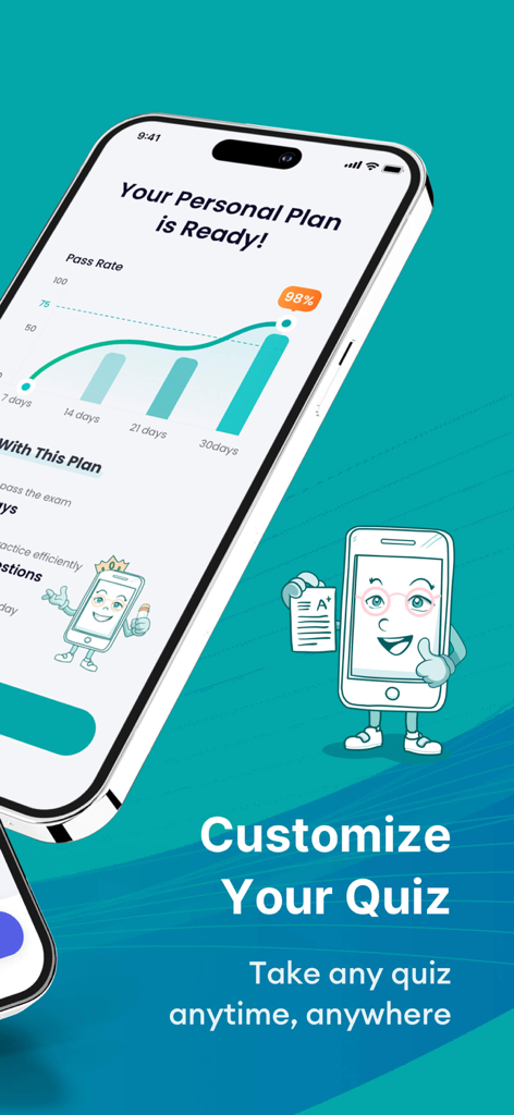 Medical Coding Exam Prep 2026 - Un panel de plan de estudio personalizado que muestra una tasa de aprobación prevista y opciones para personalizar cuestionarios para la preparación del examen de codificación médica.
