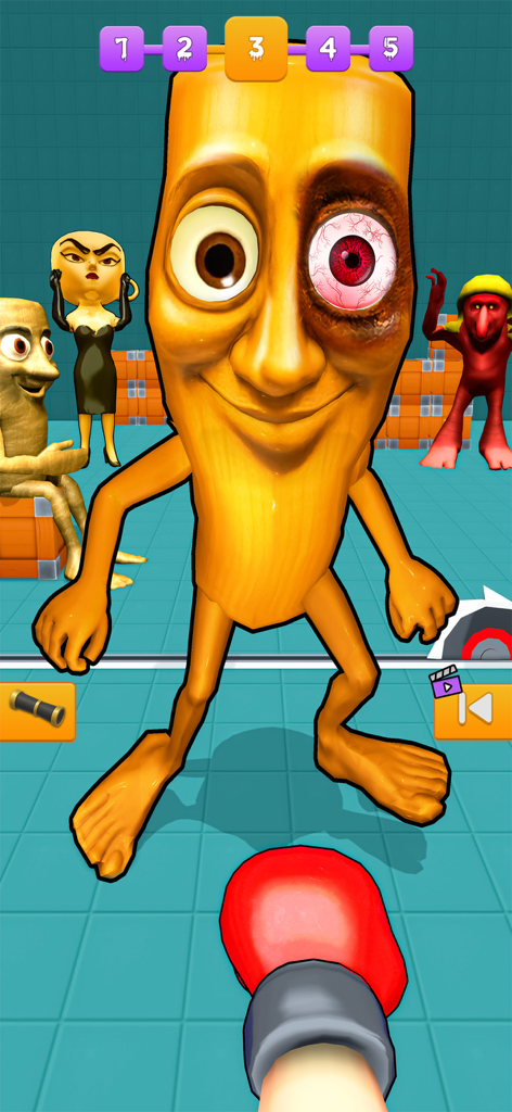 Ein Spieler mit einem roten Boxhandschuh bereitet sich darauf vor, eine skurrile Figur mit einem blutunterlaufenen Auge in Rapid Punch Hero zu schlagen.