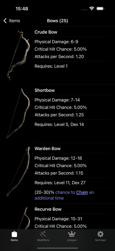 A list of bows with stats and level requirements in the Data of Exile app