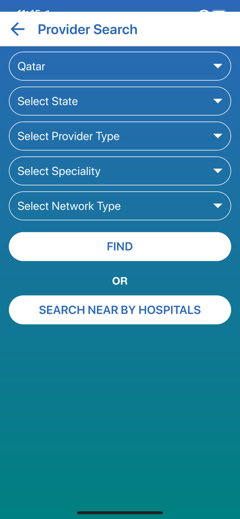 A search interface within the Alkoot Global Care app for finding medical providers and nearby hospitals using filters for location and specialty.