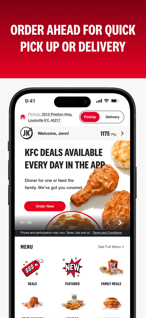 KFC US mobile app home screen displaying rewards points and food menu categories