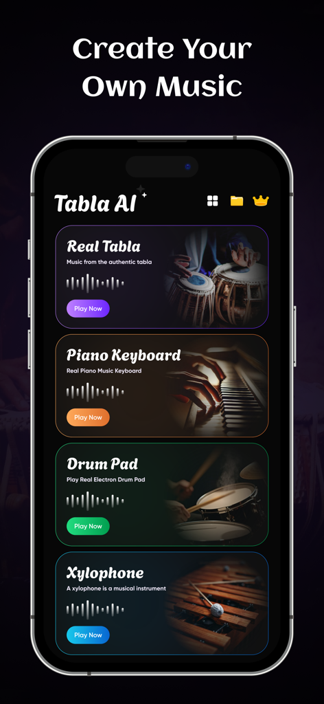 Real Tabla : AI Music Maker - La aplicación móvil Real Tabla AI Music Maker mostrando el menú de selección para instrumentos de tabla, piano, pad de batería y xilófono.