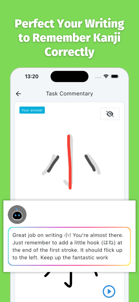 Meshclass: AI Japanese Tutor - AI 튜터가 칸지 문자 쓰기 획순에 대한 피드백을 제공하는 Meshclass 앱 인터페이스