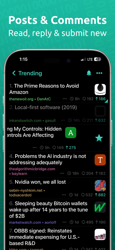 HACK for Hacker News YC Reader - Feed de noticias de tendencia en la aplicación HACK para Hacker News en modo oscuro.