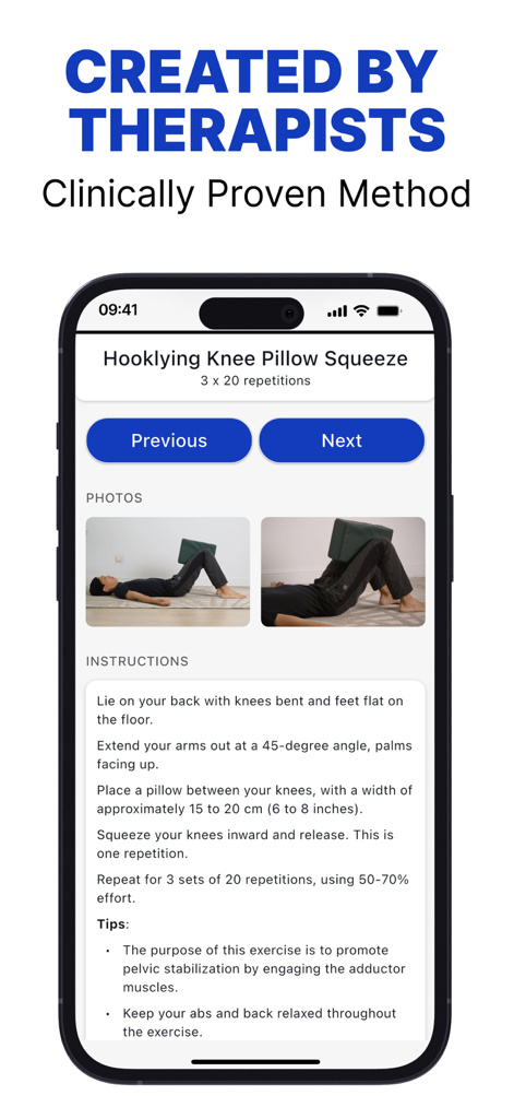 Postureletics Back Pain Relief - Postureletics app interface showing instructions and photos for a clinically proven back pain relief exercise