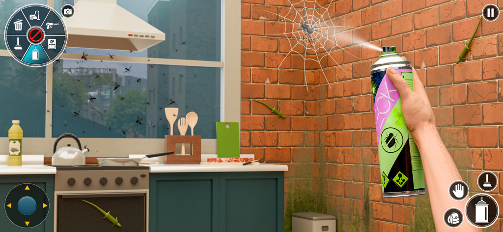 Un jugador usando insecticida en una telaraña en una cocina en Home Bug Cleanup ASMR Games