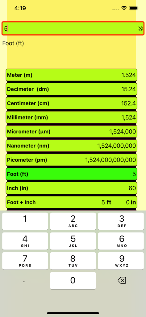 Length Conversion - Oberfläche der Längenkonvertierungs-App, die 5 Fuß in verschiedene metrische und imperiale Einheiten umrechnet