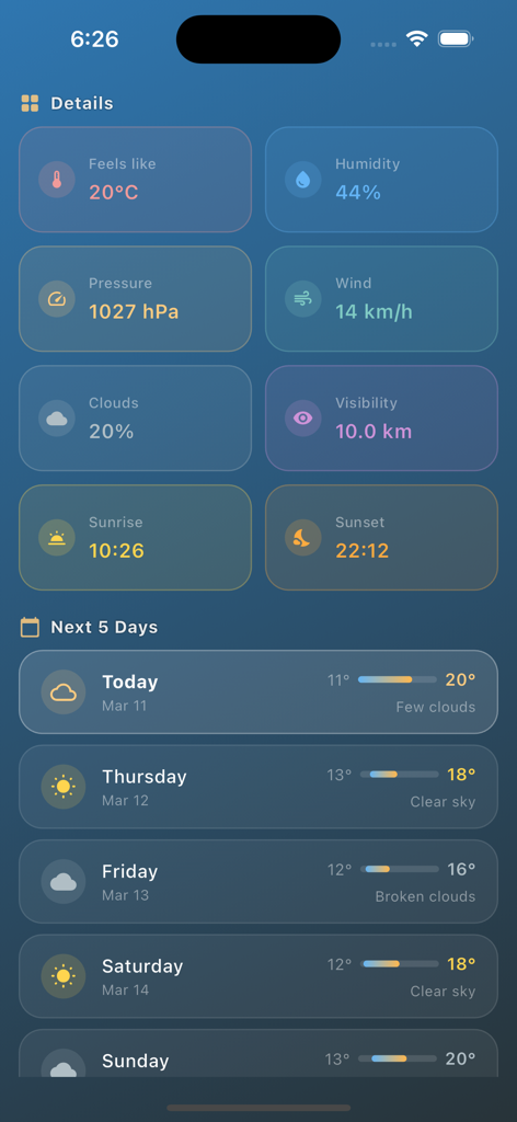 AllWeather Minimal - Screenshot of AllWeather Minimal app showing weather details grid and a five day forecast list.