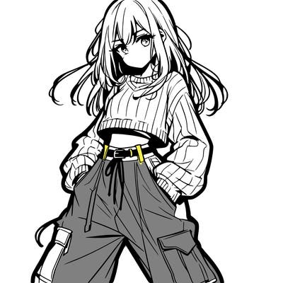 anime teen girl with baggy pants and crop top with sweater