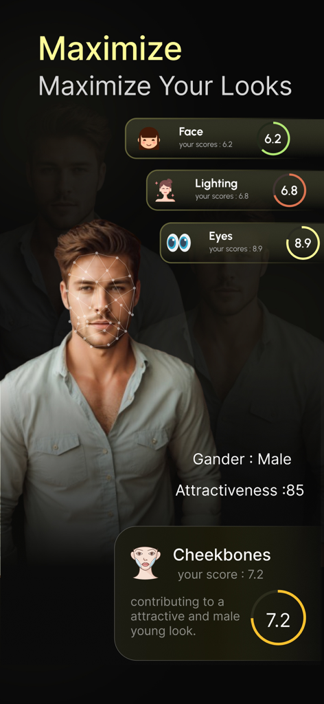 目の周り、頬骨、照明の魅力度スコアが表示された顔のスキャンを表示するLook AIアプリのインターフェース