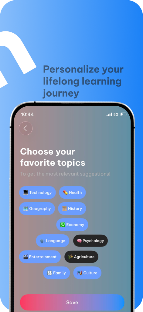 allin - Information you need - Un'interfaccia di un'app mobile di allin in cui gli utenti selezionano argomenti preferiti come Tecnologia, Salute e Storia per personalizzare il loro percorso di apprendimento.