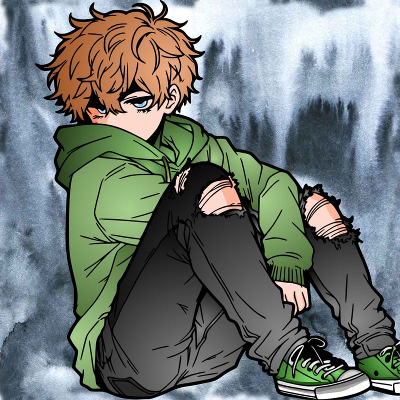a male hoddie ripped jeans messy hair anime