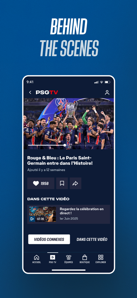 PSG Official - PSG Official app interface showing a behind the scenes video of team celebration on PSG TV