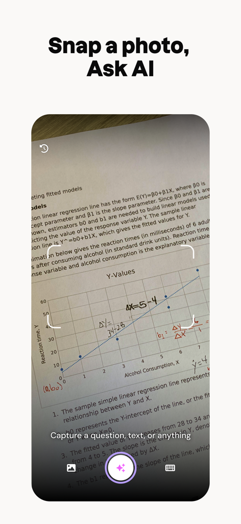 Interfaccia dell'app Studocu che mostra il risolutore AI per fotocamera che scansiona un grafico di statistica e un problema matematico