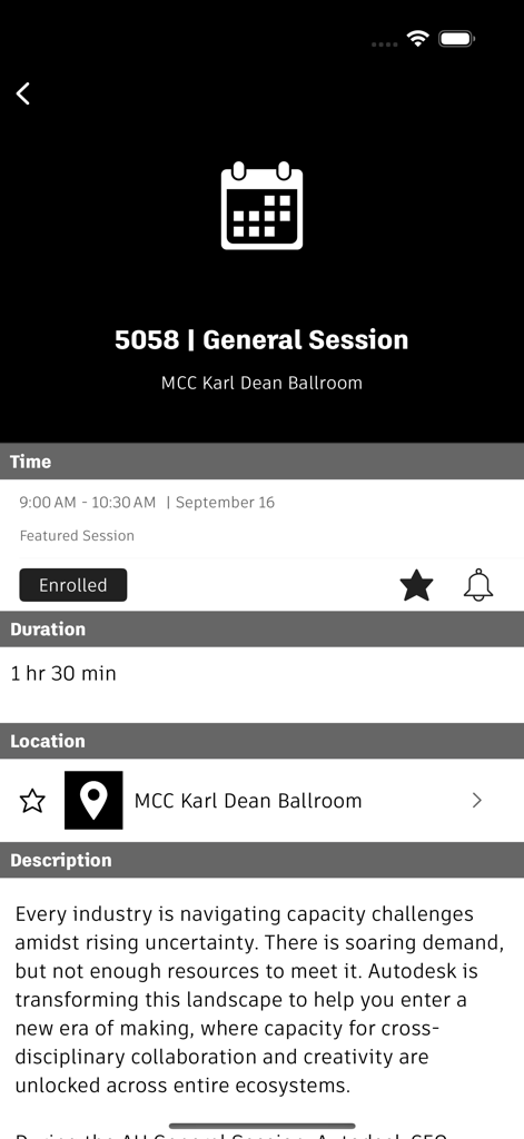 Autodesk | Events - Autodesk Events app interface showing details for a general session including time location and description