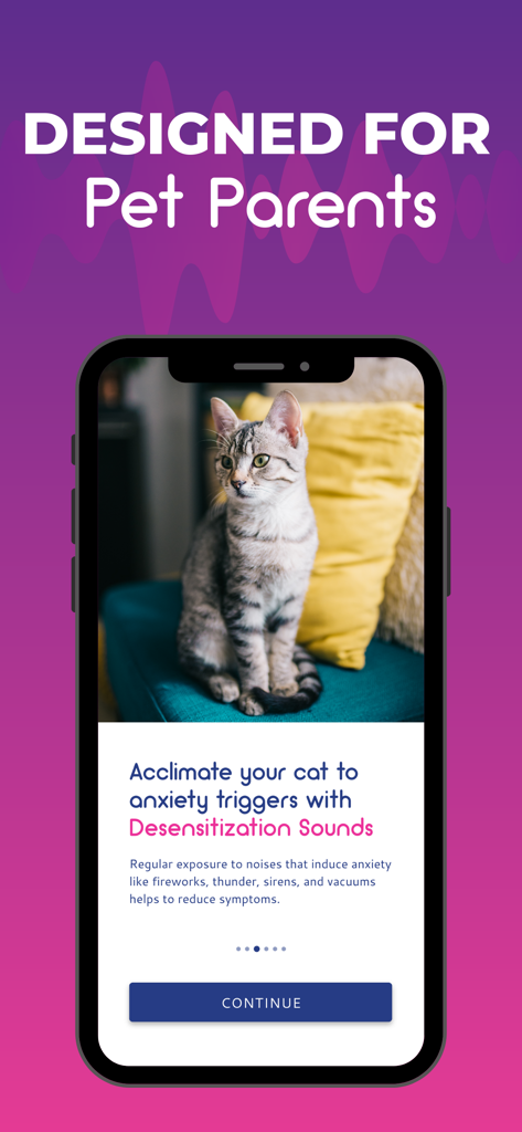 Zoundz Pet Anxiety Therapeutic - A cat on the Zoundz app screen explaining how desensitization sounds help pet parents manage anxiety triggers like fireworks and thunder.