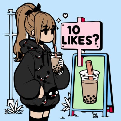 girl with oversized hoodie drinking boba and she has a high ponytail with a sign that says 10likes?