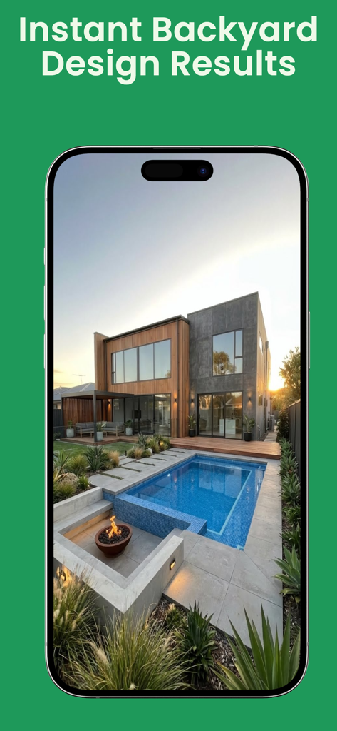 Backyard AI – Landscape Design - Modern backyard landscape design with a pool and fire pit created by AI