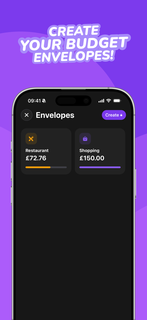 Trya - Budget Planner & Money - Interface showing digital budget envelopes for restaurant and shopping categories in the Trya app