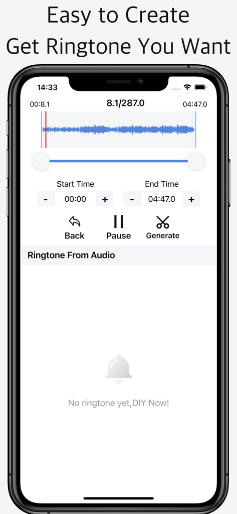 Ringtone DIY - Make it unique - Interfaz móvil de la aplicación Ringtone DIY que muestra herramientas de edición de forma de onda de audio para crear tonos de llamada personalizados para iPhone.
