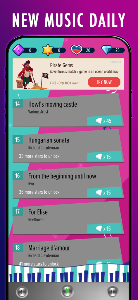 Maestro Piano Tiles: Premium - Ein Screenshot des Maestro Piano Tiles Premium-Songauswahlmenüs mit klassischen und zeitgenössischen Musiktiteln mit Diamant- und Stern-Freischaltanforderungen