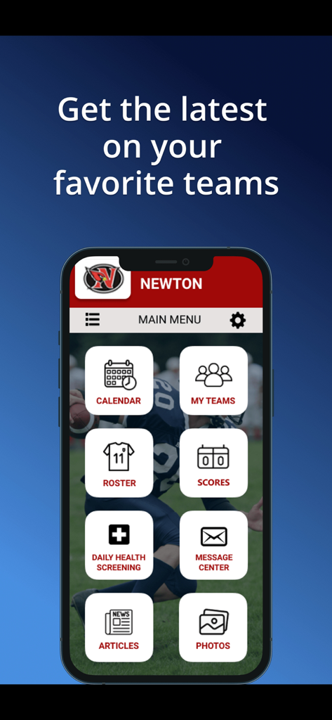 Activity Scheduler - Main menu of the Activity Scheduler mobile app showing sports management options including calendar roster and scores