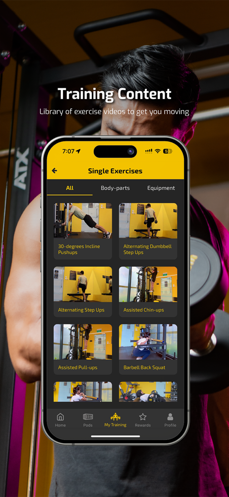 A mobile interface for The Gym Pod app showing a library of exercise videos including pushups squats and chin ups