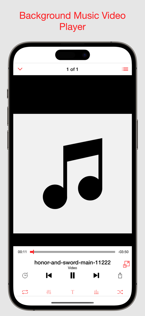FB Downloader:Reels Browser - Background music video player interface showing a music note icon and playback controls on an iPhone