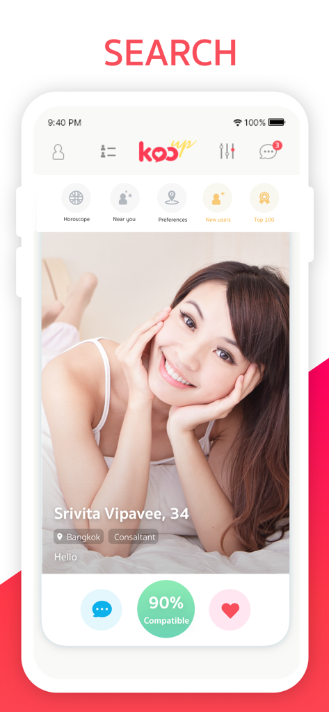 Kooup - Date Your Soulmate - Un perfil de usuario en la aplicación de citas Kooup que muestra una puntuación de compatibilidad del noventa por ciento y detalles personales.