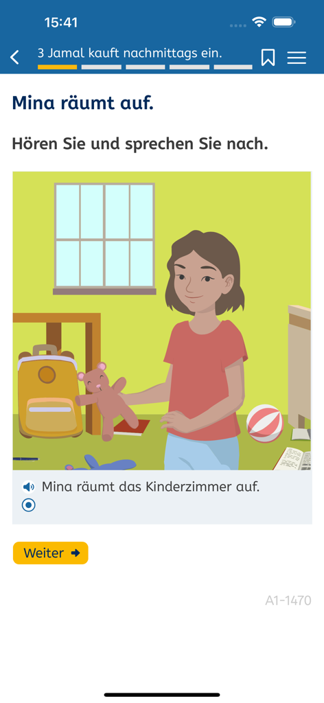 Oberfläche der A1-Deutsch-App, die eine Hör- und Sprechlektion im Deutschen mit einer Illustration eines Mädchens zeigt, das ein Zimmer aufräumt.