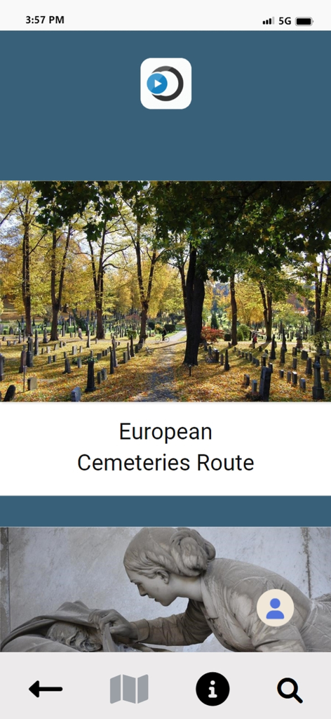 ARtour - ARtour mobile app screen displaying the European Cemeteries Route with historical site imagery
