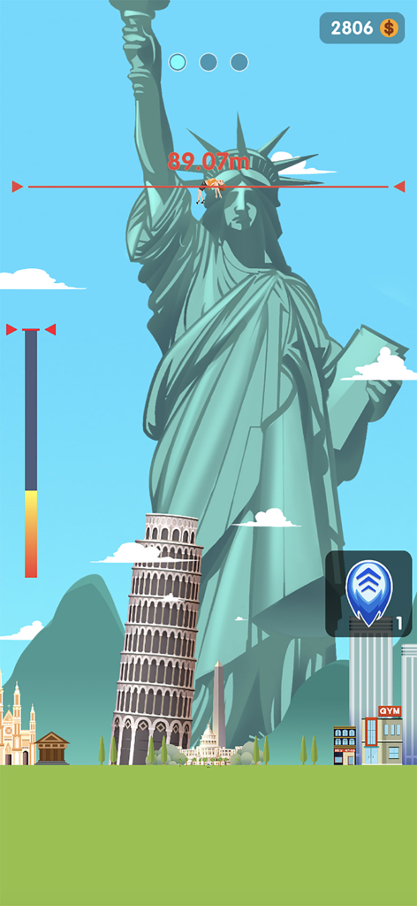 Lady Toss - A character being tossed past the Statue of Liberty in the Lady Toss mobile game.