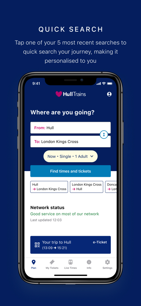 Hull Trains - Hull Trains mobile app interface showing a quick search screen for train tickets from Hull to London Kings Cross.