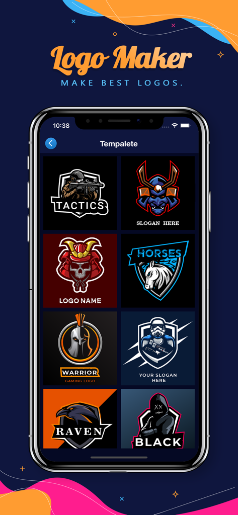 Bildschirm der mobilen App, der eine Sammlung von Esports-Maskottchen-Logo-Vorlagen zeigt, darunter Samurai-Krieger und Raben-Designs