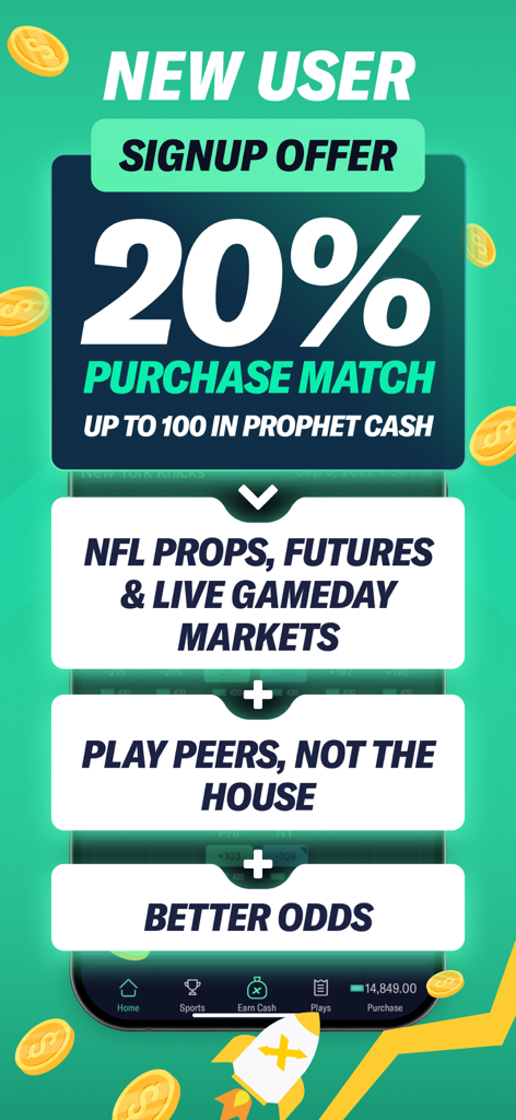 ProphetX app promotional screen showing a 20 percent purchase match signup offer for peer to peer sports predictions