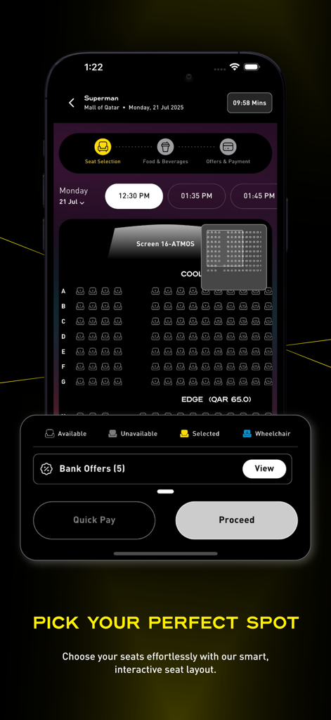 Schermata interattiva di selezione dei posti nell'app Novo Cinemas per la prenotazione di biglietti del cinema.
