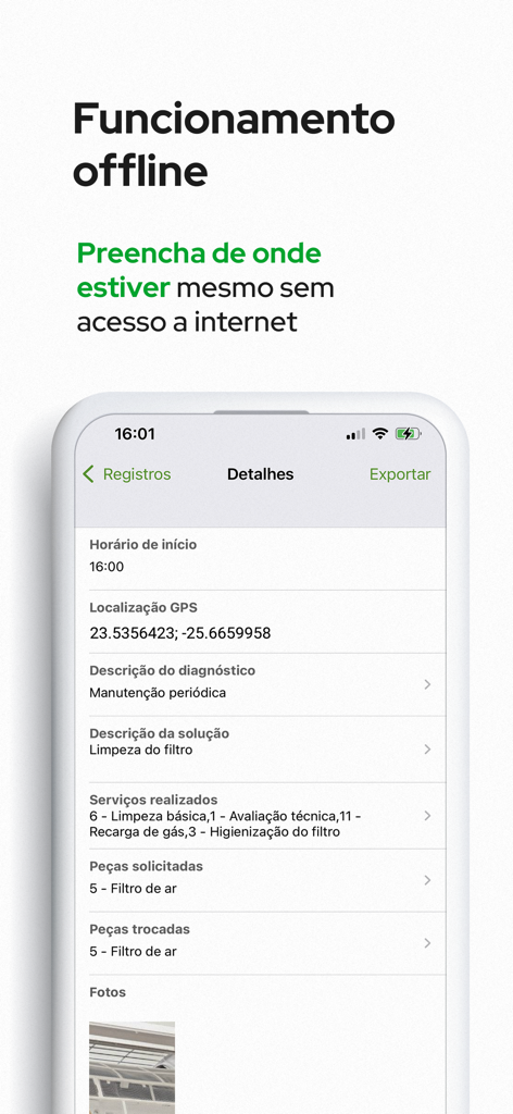 Produttivo: Ordem de Serviço - Produttivo mobile app interface showing a detailed service report with offline mode capability for field technicians