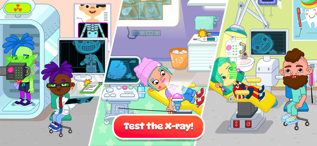 Pepi City: Hospital Life - Personaggi in stile cartone animato che eseguono controlli medici come radiografie e ecografie in un gioco di ospedale per bambini
