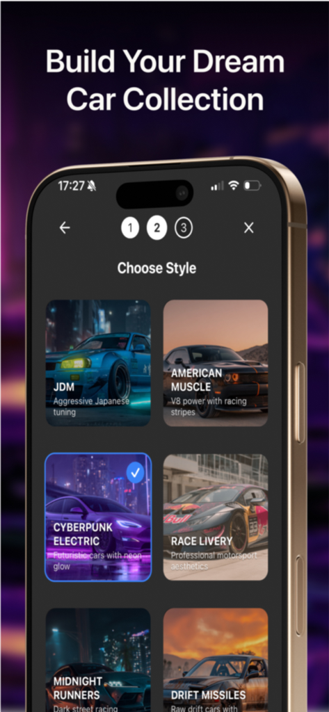Car Designer: AI Tuning - Interfaz de la aplicación Car Designer AI Tuning que muestra una selección de estilos de personalización, incluyendo JDM y Cyberpunk.