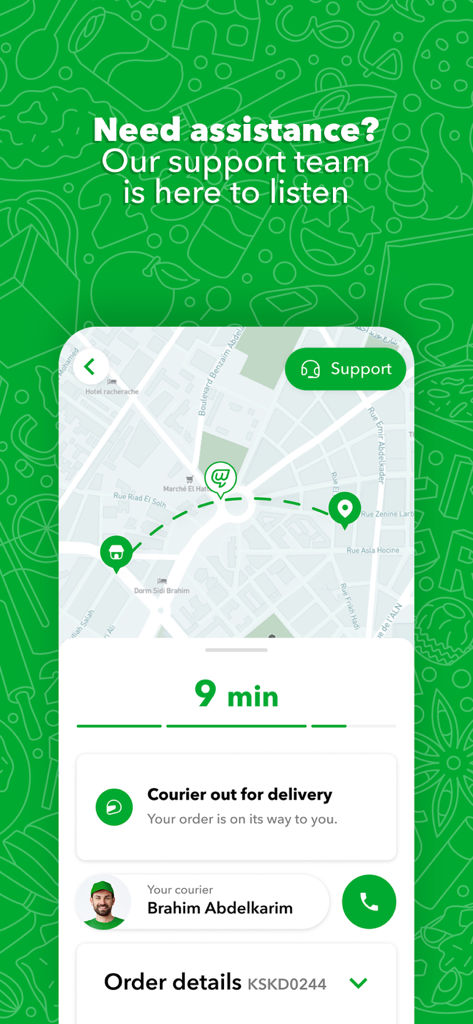 Wajeez app screen showing real-time delivery tracking with map and courier details