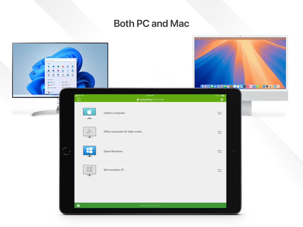 Splashtop Personal app on an iPad showing a list of remote Windows and Mac computers