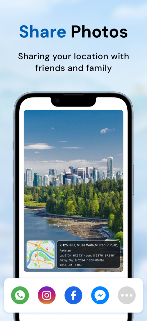 Interface de l'application GPS Photo montrant une photo avec une superposition de localisation et d'horodatage prête à être partagée sur les réseaux sociaux.