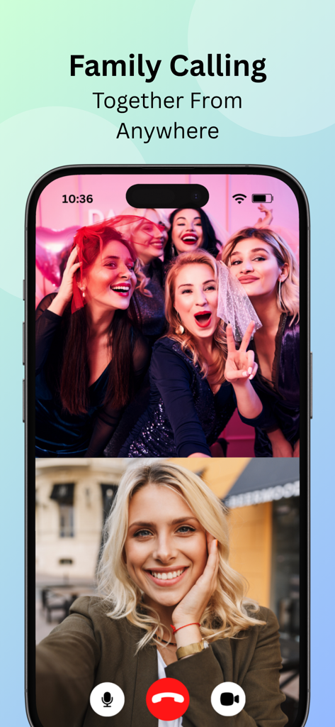 Chit Chat+ - Interface de videochamada em grupo em um iPhone exibindo cinco mulheres sorrindo com o texto Chamada Familiar Juntos de Qualquer Lugar.