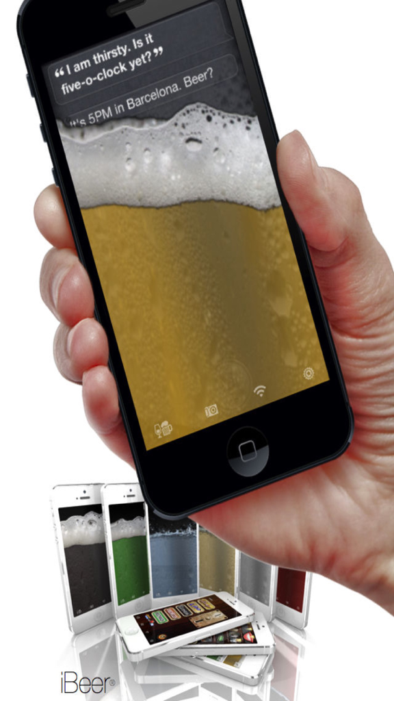 Hand holding an iPhone with the iBeer app showing a realistic virtual beer with foam and bubbles.