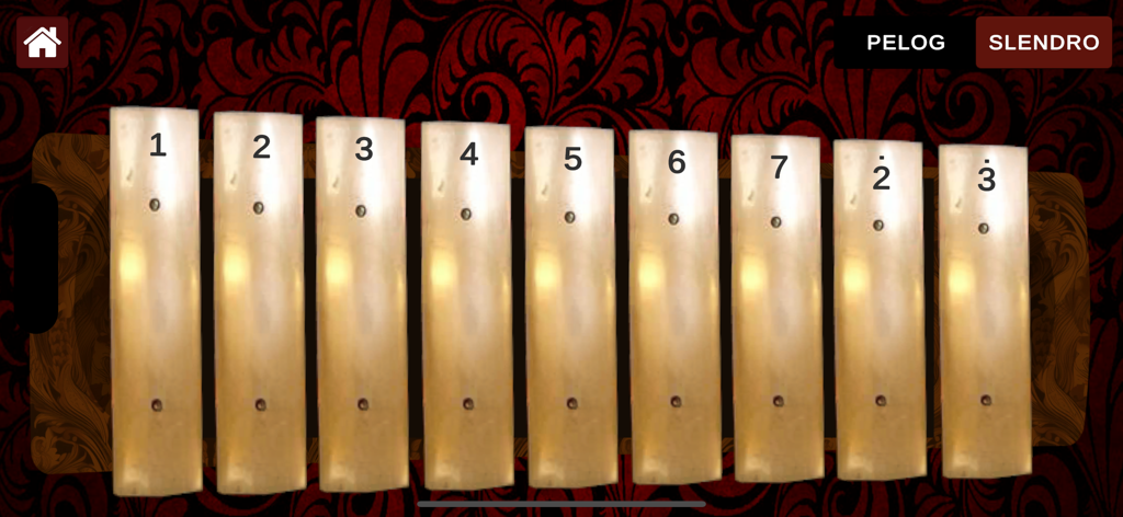 Interfaz de instrumento de gamelan digital con teclas numeradas y selector de escala Slendro