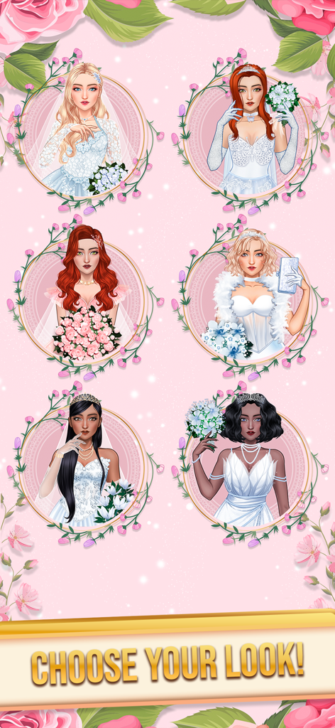 Wedding Games: Bride Dress Up - Pantalla de selección con seis novias diversas con diferentes vestidos y peinados de boda