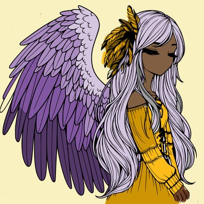 realistic girl with bird wings and some feathers in her hair