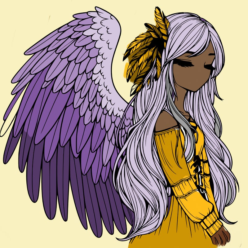 realistic girl with bird wings and some feathers in her hair
