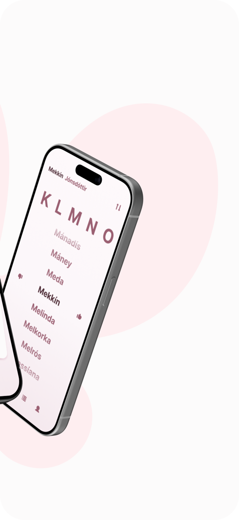 Heita - Íslensk barnanöfn - A smartphone screen from the Heita app showing a list of traditional Icelandic baby names