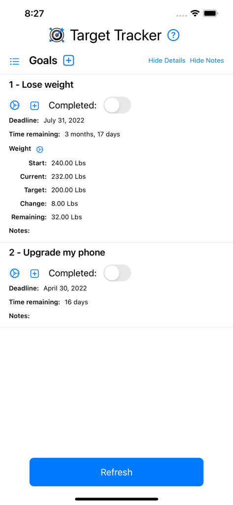 Target Tracker app interface showing a list of personal goals with numeric progress and deadline countdowns